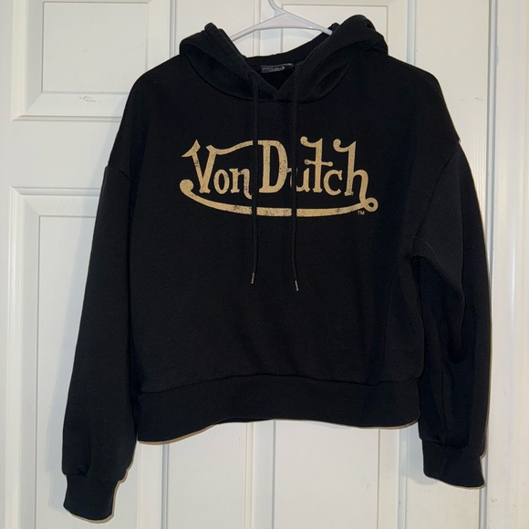 Women’s Von Dutch Cropped Black/Tan Logo Hoodie- Size M - Picture 3 of 7